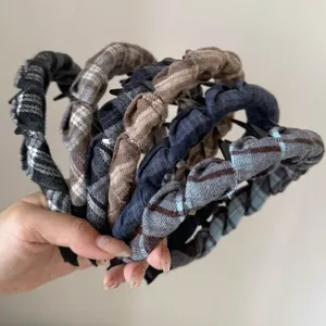 Vintage Plaid Fabric Wrapped Headband For Women Non Slip Teeth Design Checkered Hair Band High Cranial Top Hair Styling Accessories