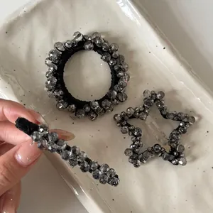 Handmade Grey Rhinestone Star Hair Clip Geometric Crystal Beaded BB Clip Hair Tie Elegant Fashion Hair Accessories