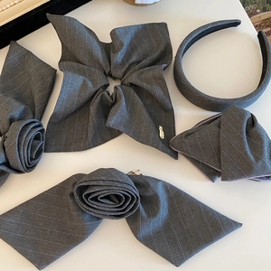 Elegant Gray Striped Fabric Hair Accessories For Women Polyester Handmade Bow Flower Hair Tie Headband Shark Clip Decor