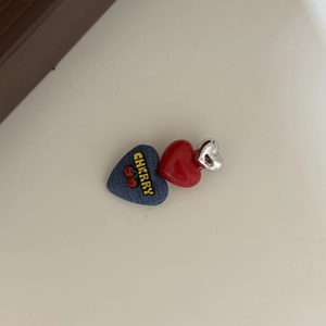 Three-heart hair clip with blue denim cherry embroidery, red glossy, and silver hearts