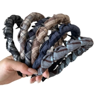 Vintage plaid fabric headband set with non-slip teeth for volume and styling
