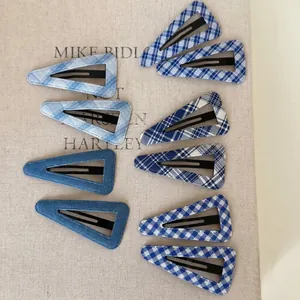 9-piece set of triangle blue denim and plaid pattern BB hair clips for women