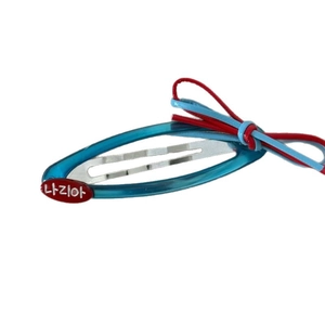 Minimalist sky blue and red contrast bow heart hair clip with elegant Korean style