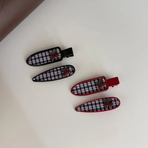 Vintage Plaid Fabric Cherry Hair Clip For Women Sweet Checkered Pattern Side Clip Handmade Hair Accessories Fashion Bangs Clip