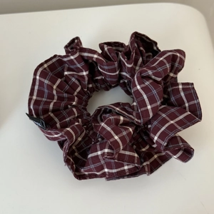 Maillard style dark red plaid scrunchie with classic checkered cotton fabric design