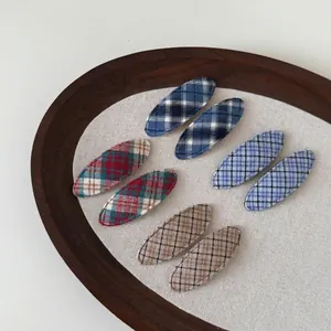 Vintage Plaid Fabric Wrapped Oval Snap Hair Clips For Women Handmade Checked Pattern BB Hairpins Fashion Hair Accessories