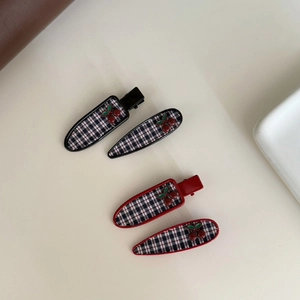Set of four plaid hair clips with cute red cherry accents in black and red colors