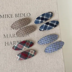 Set of 8 vintage plaid oval hair clips in blue, red and brown fabric for women
