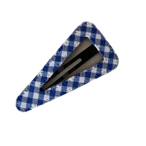 Blue and white gingham triangular snap hair clip with checkered fabric on white background