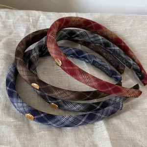 British style plaid headbands set with gold metal buttons and vintage fabric patterns