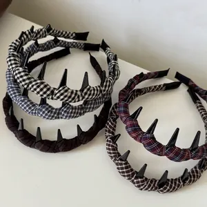 Punk style plaid fabric headbands with black polished cone spikes in various colors