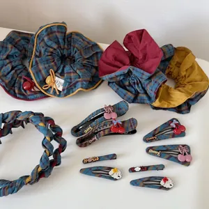 Sweet Plaid Cotton Fabric Hair Accessories Set For Women Bowknot Cherry Decor Headband Scrunchies BB Hair Clips Hairpins