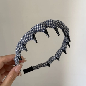 French vintage blue plaid fabric headband with wave shape teeth for women hair styling