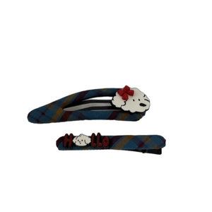 British style blue plaid hair clip set with cartoon dog and 3D HELLO letters for girls