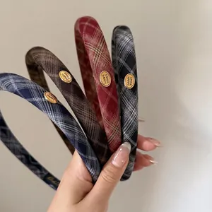 Sweet Retro British Style Plaid Fabric Headband For Women Striped Hair Hoop With Gold Metal Label Elegant Hair Accessories