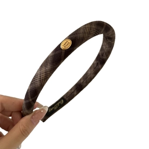 Classic blue and brown plaid headband with gold metal plate for stylish women's hair styling