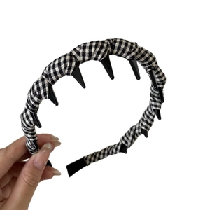 French vintage black and white plaid headband with teeth for women hair styling