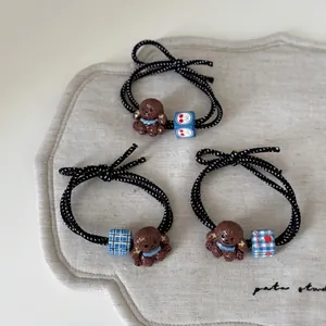 Lot de 3 chouchous élastiques mignons avec chien teddy et perles carrées à carreaux