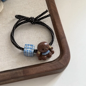 Élastique à cheveux chien nounours mignon avec perles carrées à pois et carreaux bleus