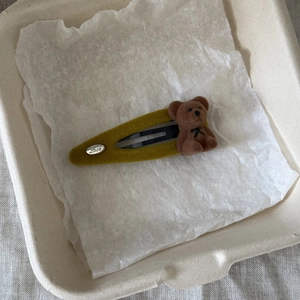 Cute mustard yellow velvet BB hair clip with brown flocked bear and Love metal tag