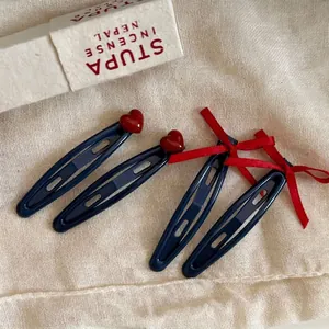 Korean Style Navy Blue Bow Hair Clip Red Heart Contrast Wine Red Snap Clip Side Bangs Clip Fashion Women Hair Accessory