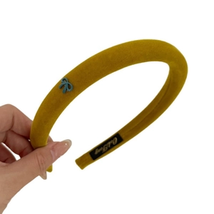 Maillard style mustard yellow velvet headband with blue bow and thick sponge padding