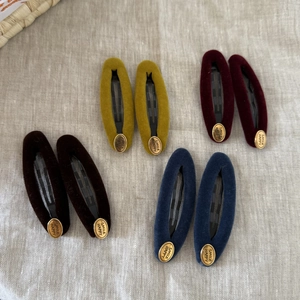 Vintage velvet oval hair clips in four colors with gold smile metal tag set