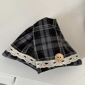 Vintage plaid triangle scarf for pets with elegant white lace trim and wooden button
