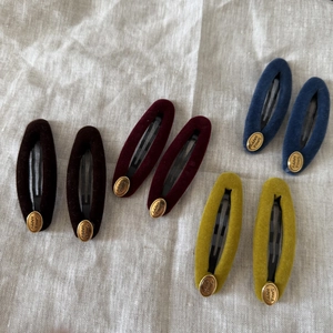 Vintage velvet oval hair clips in 4 colors with gold SMILE HAPPY metal label, 8pcs set