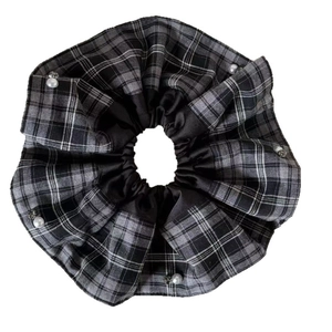 Vintage plaid scrunchie with faux pearls and rhinestones decoration for hair styling
