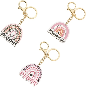 Drie MAMA sleutelhangers met luipaardprint en regenboog voor Moederdag met gouden sluiting