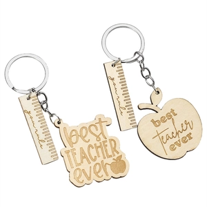 Wooden Keychain For Teacher Gift Best Teacher Ever Slogan Apple Ruler Pendant Wood Metal Ring Appreciation Present Jewelry