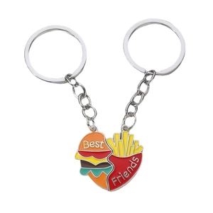 Creative Best Friends heart-shaped keychain set with burger and fries design