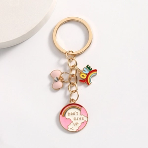 Goldener Schlüsselanhänger mit rosa Schleife, Regenbogen LOVE und Don't Give Up Anhänger Motiv