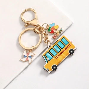 Creative Back to School keychain with yellow school bus, colorful balloons and windmill charm