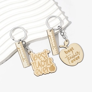 Wooden teacher appreciation keychain set with apple shape and you rule ruler design