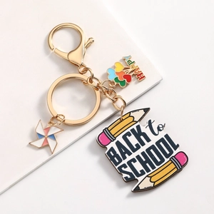 Rainbow Back to School keychain with pencil pendant and colorful enamel charms