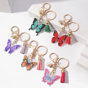 Creative Acrylic Butterfly Keychain With Tassel Artificial Pearl For Women Bag Hanging Ornament Fashion Keyring Jewelry