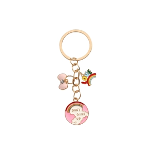 Goldener Herz Regenbogen Schlüsselanhänger mit rosa Schleife und Never Give Up Schriftzug