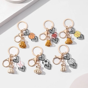 Acrylic Leopard Heart Sports Ball Keychain With Tassel Basketball Football Baseball Rugby Volleyball Bag Charm Pendant