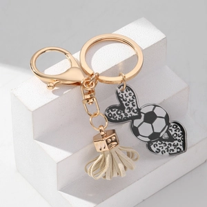 Leopard heart soccer ball acrylic keychain with golden clasp and leather tassel accessory