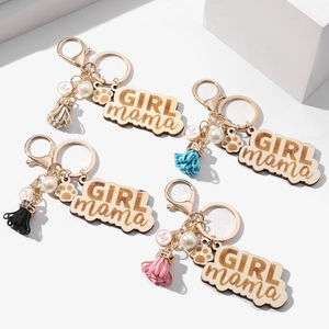 Women Wooden Tassel Keychain With Faux Artificial Pearl Paw Print Pendant Girl Mama Engraved Wood Bag Hanging Charm Gift Accessories