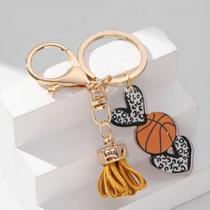 Acrylic leopard heart basketball keychain with yellow tassel and golden metal clasp