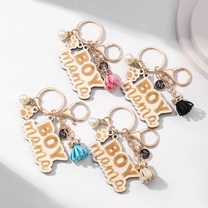 Handmade BOY mama wooden keychain set with tassels and pearl charms for Mother's Day