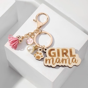 Wooden cloud keychain with GIRL mama engraving, pink tassel, and pearl charm detail