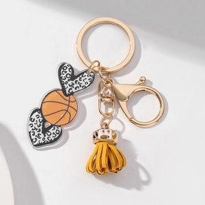 Acrylic basketball and leopard heart keychain with bright yellow tassel and gold clasp