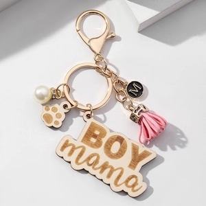 Floral BOY MAMA keychain with pink tassel, wood paw print and pearl on gold ring