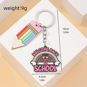 Detail of acrylic school keychain with pencil and welcome back to school badge