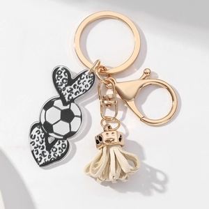 Fashionable soccer acrylic leopard heart keychain with beige leather tassel and gold ring