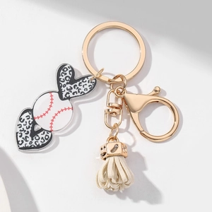 Baseball and leopard heart acrylic keychain with cream tassel and gold hardware